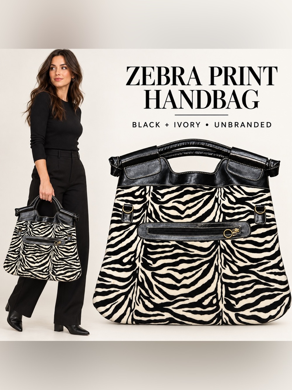 Zebra Print Black & Ivory Handbag Tote with Zip Pockets